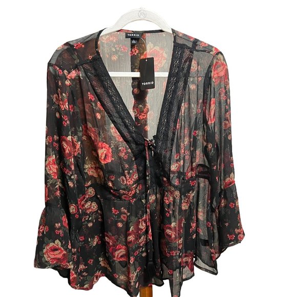 Torrid Top Blouse Black SemiSheer Red Rose Babydoll Chiffon Floral Size 0 L NWT - Picture 5 of 7